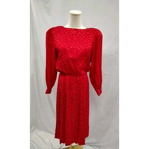 80's Vintage Silk Studio Dress 100% Silk Red Animal Print Woven Glam Retro Sz 4